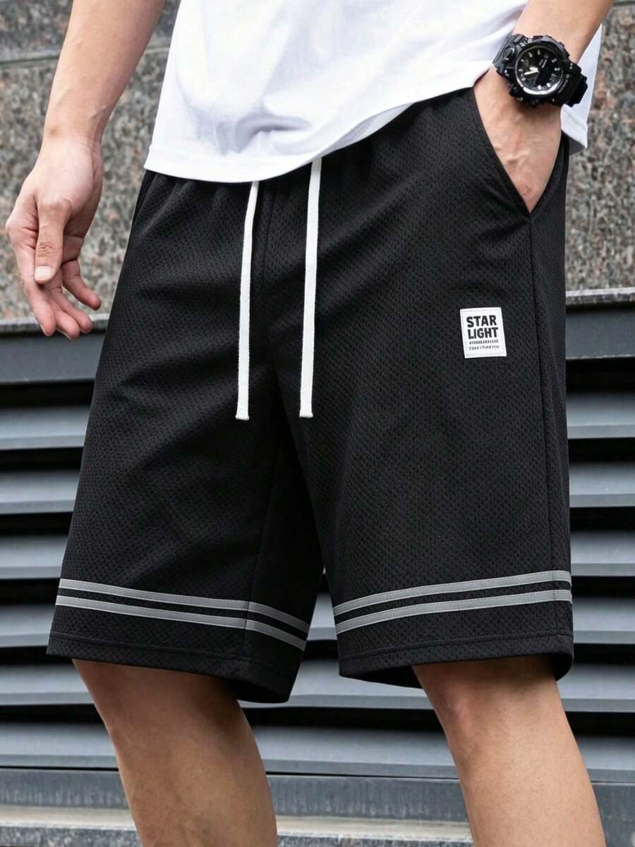 Men Waffle Knit Casual Shorts Textured Fabric Striped Hem Label Patch Elastic Drawstring Waist Loose Fit Summer Streetwear Athletic Workout Sports - Black - View 1