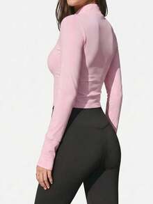 Slim Fit Zipper Yoga Long Sleeve Top Pink - Pink - View 3