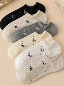 5 Pairs Random Bowknot Polka Dot Minimalist Invisible Boat Socks, Breathable Small Polka Dot Casual Women's Socks - Multicolor - View 2