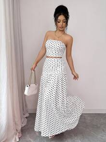 abyoxi Women's White With Black Polka Dot Floral Print Strapless Ruched Cropped Top + Flowy Long Skirt 2 Pieces Set Elegant Summer - Black Dots On White - View 6