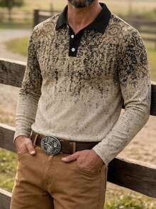 Men's Autumn Casual Vintage Gradient Color Button Long Sleeve Polo Shirt - Multicolor - View 3