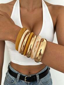 7/4/3pcs Fashion Elegant Casual Style Yellow Resin Marbled And Plain Metal Iron Bracelet Set, Suitable For Women's Daily, Vacation And Party Wear, Gift - Multicolor - View 4
