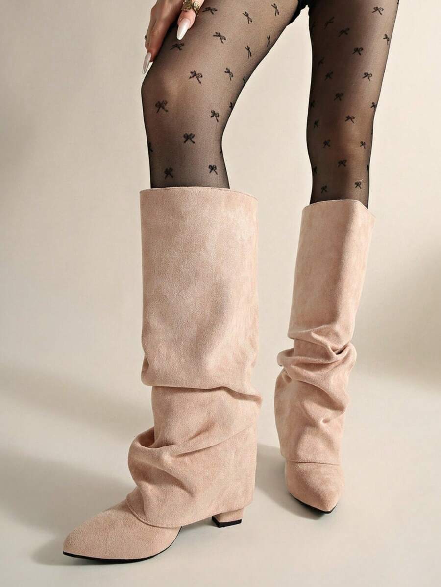 2026 New Women's Pointed Toe Solid Color Chunky High Heel Suede Tall Boots, Fashion Slouchy Boots For Pants And Skirts - Apricot - View 1