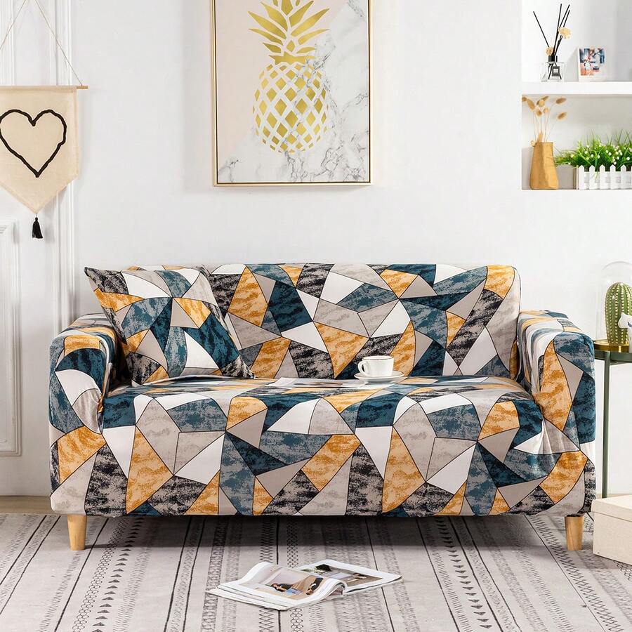 1pc Geometric Print Elastic Full Cover Sofa Slipcover, Modern Style Polyester Fabric, Sofa Home Protection Cover, Machine Washable, All Season - Multicolor - View 1