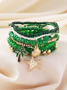 8pcs Saudi Arabia 96th National Day Celebration Green Seed Bead Palm Tree Pendant Layered Bracelet Set, Suitable For Women's Daily, Holiday, Party, Beach, Vacation, Gathering Wear - Green - View 1