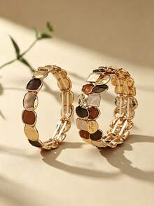 Cring Coco 2Pcs Vintage Coffee Color Block Enamel Stretch Bangle Set, Irregular Geometric Elastic Bracelets, Women Retro Textured Wide Bracelet Fashion Jewelry - Geometry 1 - View 1