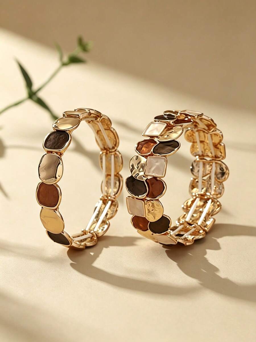 Cring Coco 2Pcs Vintage Coffee Color Block Enamel Stretch Bangle Set, Irregular Geometric Elastic Bracelets, Women Retro Textured Wide Bracelet Fashion Jewelry - Geometry 1 - View 1