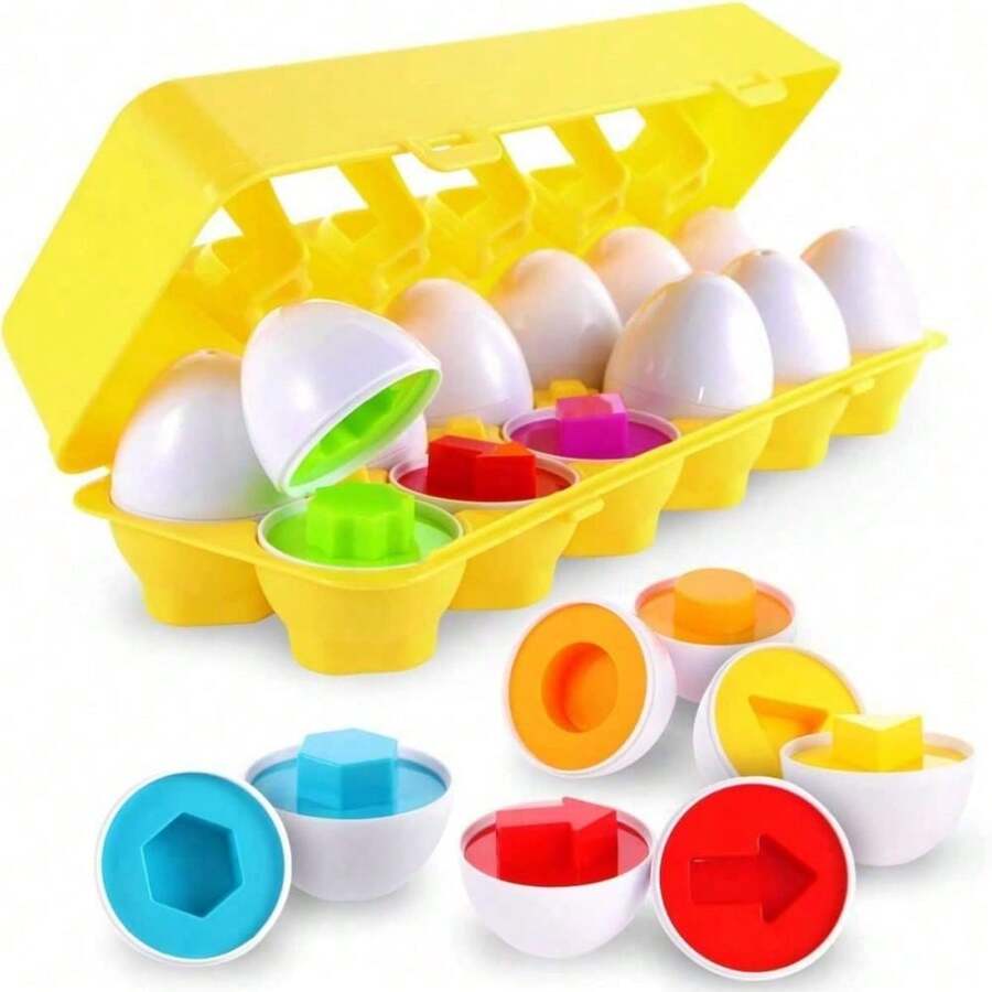 12 huevos emparejamiento formas colores Montessori STEM, juguete motricidad fina niños 3 años+ - 12 piezas - Ver 1