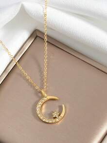 A Sparkling Exquisite Moon Eid Pendant Necklace With Micro-Inlaid Rhinestone Design, Minimalist, Elegant, Cute, Suitable For Daily Wear. Clavicle Chain Accessory, Also Wearable During Ramadan. - Gold - View 4