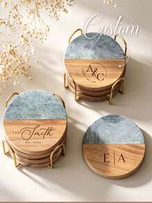 Customized Engraved Marble Pattern Wooden Coasters Set, Personalized Gift Coasters, Housewarming Gift, Wedding Gift, Anniversary Gift, Durable, Decorative, Reusable, Multi-Functional, Stylish, High Quality, Customizable, Personalized, Unique, Ideal Gift For Him, Ideal Gift For Her - Multicolor - View 5