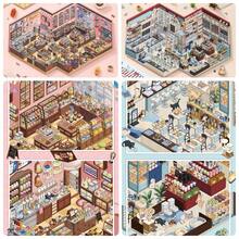 Isometric Mini Town Commercial Street Scene Stickers, Miniature Shop Models Including Coffee Shop, Flower Shop, Bookstore And More, Exquisite Planner Diary Fun Sticker Book Material, Sticker Aesthetics, Vintage Style Planner Supplies - B - View 2