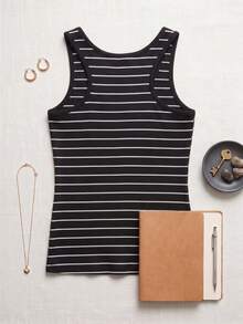 Pure Cotton Ribbed Tank Top, Knitted With Buttons - 黑色條紋2 - 查看 2