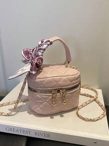 Pink Rhombus Chain Small Square Bag Mini Handheld Makeup Bag Versatile Crossbody Bag Heart Pendant Commuter Handbag - Pink - View 4