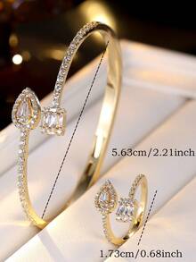 1 Set Cold White Silver Square Diamond & Teardrop Diamond Double Stone Open Bangle & Ring 2 Pieces Set, Luxury Full Zirconia Bracelet, Versatile Evening Dress Jewelry Set For Women - Bracelet Ring Set - View 1