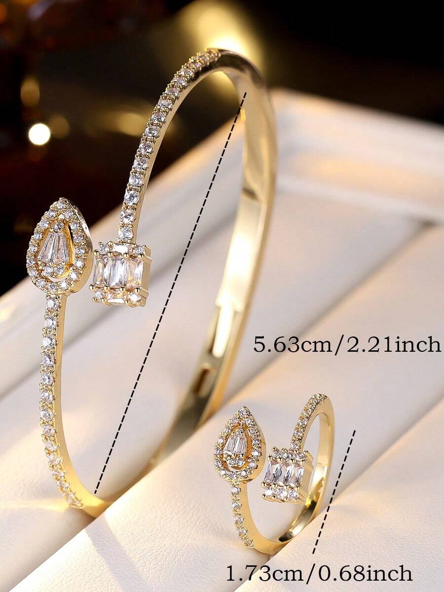 1 Set Cold White Silver Square Diamond & Teardrop Diamond Double Stone Open Bangle & Ring 2 Pieces Set, Luxury Full Zirconia Bracelet, Versatile Evening Dress Jewelry Set For Women - Bracelet Ring Set - View 1