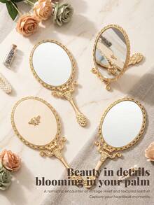 1pc Alloy Gold-Plated Handheld Makeup Mirror With Handle, Can Be Placed On Desk, Travel Portable Handheld Makeup Mirror, Exquisite Packaging, Gift For Girls And Female Friends, Mirror Surface With Protective Film - Gold - View 2