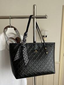 1pc Black Silk Scarf Decor Large Capacity Quilted PU Tote Bag Women's Shoulder Bag - Black - View 2