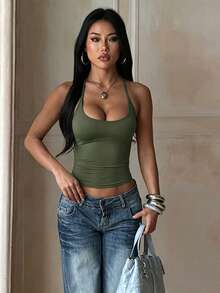 女款夏季街頭休閒短版上衣，綠色上衣，女款外出上衣，演唱會穿搭，返校穿搭，健身，秋季內搭背心，運動服 - 墨綠色 - 查看 6