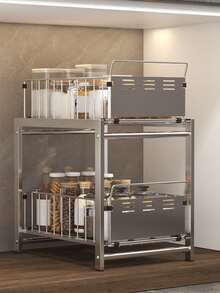 1pc Pull-Out Kitchen Cabinet Drawer, 2-Tier No-Drill Slide-Out Storage Rack, Space-Saving Cabinet Organizer, Suitable For Home Kitchen Use, Slide-Out Shelf For Kitchen Supplies Storage - Grey - View 4
