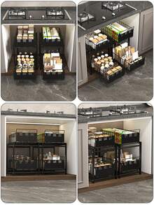 1pc Pull-Out Kitchen Cabinet Drawer, 2-Tier No-Drill Slide-Out Storage Rack, Space-Saving Cabinet Organizer, Suitable For Home Kitchen Use, Slide-Out Shelf For Kitchen Supplies Storage - Grey - View 9