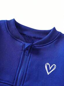 Young Girl Heart Pattern Print Baseball Collar Zip-Up Jacket And Pants Casual Set - Blue - View 3