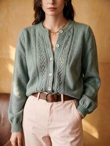 Cardigan Rajut Wanita, Model Longgar ala Prancis, Leher Bulat, Lembut & Halus, Berongga, Potongan Longgar, Warna Polos, Atasan Serbaguna - Hijau - View 4