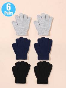 6 Pairs Children Boys Solid Color Knitted Elastic Warm Gloves, Ribbed Cuff, Flexible Five-Finger Warm Gloves, Suitable For Boys School Daily Winter Outdoor - 6 Pairs - View 6
