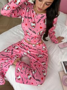Noctvar OBM Sleepwear X Hello Kitty 2pcs Set Pakaian Rumah Anak Perempuan Motif Hello Kitty Pink, Atasan Lengan Panjang Pendek + Celana Panjang Lebar, Lembut, Ramah Kulit, Nyaman, dan Manis - Berwarna merah muda - View 3