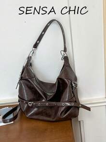 Glossy Solid Color Leather Textured Pattern Coffee Brown Shoulder Crossbody Large Capacity Soft Bag Cool Street Vintage Cargo Style Style Wrinkled Soft Leather Large Capacity Shoulder Bag Daily Commute Shopping Short Trip - Coffee - View 8