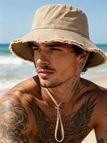 1pc Men's Drawstring Brim Bucket Hat, Adjustable Chin Strap Design, Distressed Effect Surface, Soft Fabric, Sun Protection And Windproof, Fashionable And Versatile, Suitable For Travel, Beach Leisure And Daily Wear - Multicolor - View 10