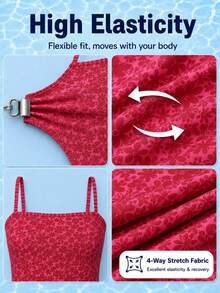 HOTTIE HABIT Women's Red Ditsy Floral Spaghetti Strap Square Neck High Cut One‑Piece Swimsuit, Slim Bathing Suit For Christmas Halloween Summer Beach Pool Vacation - Black - View 7