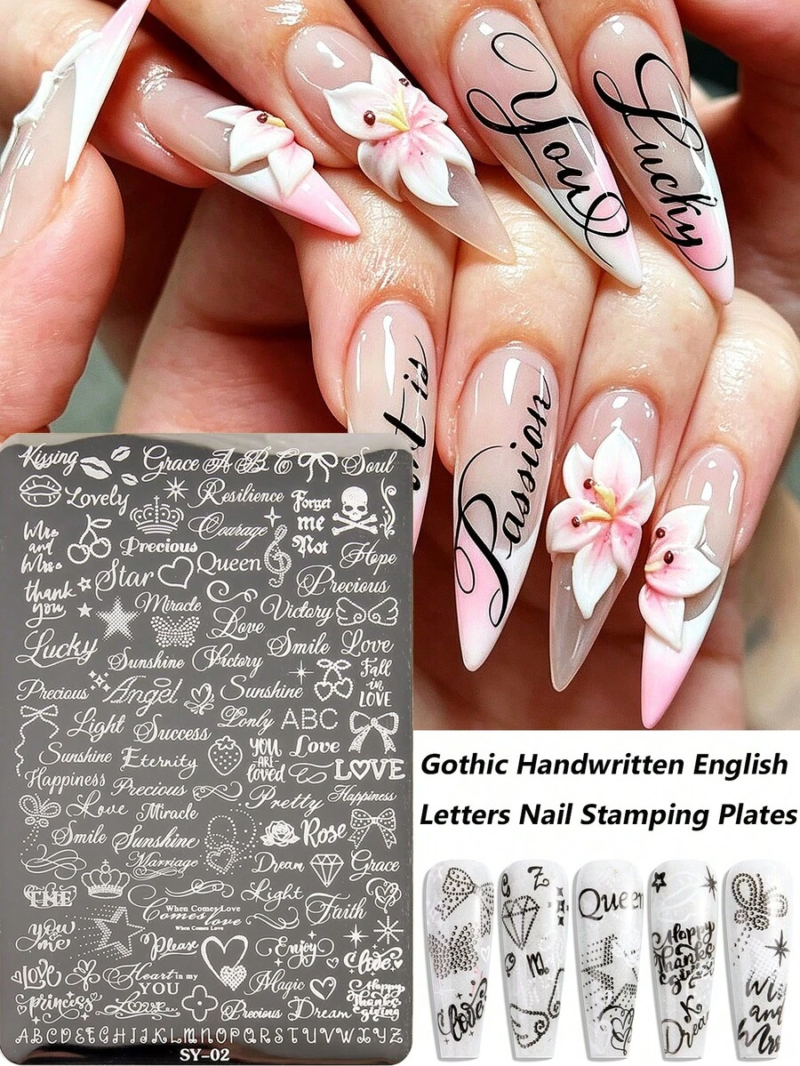 哥德式手寫英文字母不鏽鋼美甲印花板，復古字體英文手寫文字美甲模板工具，可重複使用美甲模板，適用於凝膠指甲油 DIY 美甲設計 - 彩色 - 查看 1