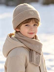 Winter Kids Hat & Scarf Set, Heart Embroidered Knitted Woolen Beanie, Unisex Baby Outdoor Hat - Multicolor - View 3