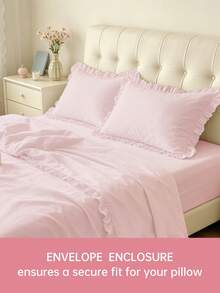 HONEYMOON 3/4pcs Solid Color Ruffled Bedding Set (3pcs=1 Fitted Sheet+1 Flat Sheet+1 Pillowcase, 4pcs=1 Fitted Sheet+1 Flat Sheet+2 Pillowcases) 100% Polyester Fabric Bed Cover, Suitable For 9-12 Inch Deep Pocket, Flat Sheet And Pillowcase With Ruffles, Soft And Breathable, Shrink-Resistant, Machine Washable, All Season Use, Different Sizes Suitable For Home And School Dorm Use, Back To School Essential, Light Pink - Baby Pink - View 6
