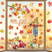 6 buah Stiker Jendela "Hello Fall", Gambar Orang-orangan Sawah, Truk Merah, , Daun Maple, Stiker Jendela Dua Sisi Bertema Panen Musim Gugur dan Thanksgiving, Cocok untuk Dekorasi Kaca Rumah - MultiWarna - View 5