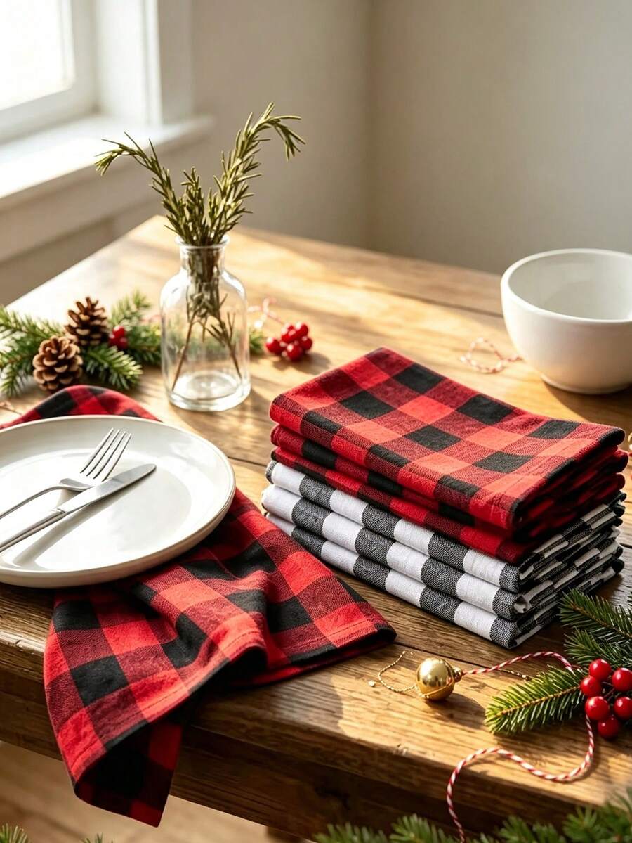 6/12/120PCS Modern Minimalist Christmas Plaid Napkins, Reusable, Washable, Suitable For Parties, Banquets, Restaurants, Kitchens, Cafes, Dining Table Decor - Multicolor - View 1