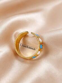 MONALLY 18K Gold Plated Stainless Steel Open Ring For Women, Vintage Enamel Blue White Geometric Adjustable Band Ring Statement Finger Jewelry Gift - Open Ring - View 4