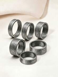 6-Piece Set Of Vintage Minimalist Plain Stainless Steel Men's Rings, Men's Jewelry Accessories, Suitable For Everyday Business Versatile Jewelry - Antique Silver - View 3