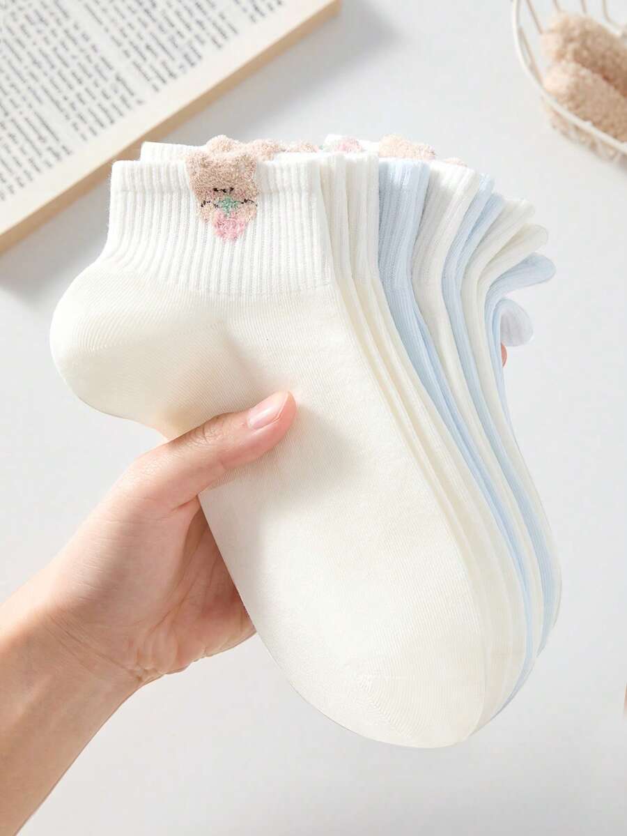 4 Pairs Women's Cute Sweet Breathable Cartoon Bear Pattern Short Invisible Boat Socks, Ankle Socks And Short Socks, White Socks, Blue Socks, Preppy Style, Back To School Season, Suitable For Daily Casual Wear, Random Style, Suitable For Spring, Summer, Autumn And Winter - Multicolor - View 1