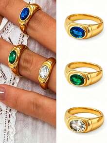 1pc Minimalist Gold-Tone Synthetic Cubic Zirconia Ring, Oval Cut, Wide Band, Stackable, Suitable For Women's Daily Wear, Without Packaging Box - A - View 7