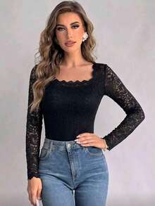 1pc Solid Color Knit Fabric Lace Patchwork Elegant Women's Long Sleeve Square Neck Top For Daily Wear And Dating In Autumn/Winter - Black - View 3