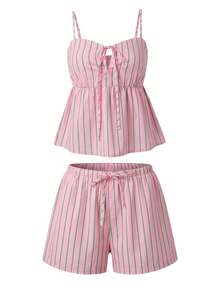 Conjunto de 2 piezas casual boho a rayas Just Masa para mujer, camiseta sin mangas con espalda descubierta y cordón ajustable & shorts de cintura elástica, para salir, vacaciones, elegante - Rosa - Ver 3