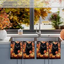 2/4/48pcs Autumn Series Dark Night Black Cat & Pumpkin Pattern Printed Kitchen Towels - Super Soft, Highly Absorbent Polyester Tableware And Hand Towels, Perfect For Holiday Decor, Kitchen Decor, Party Decor - Multicolor - View 13