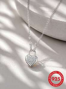 Collar de plata de ley S925 con colgante de candado en forma de corazón con micro-incrustaciones, regalo romántico de confesión para novia, amante, mamá - Multicolor - Ver 5