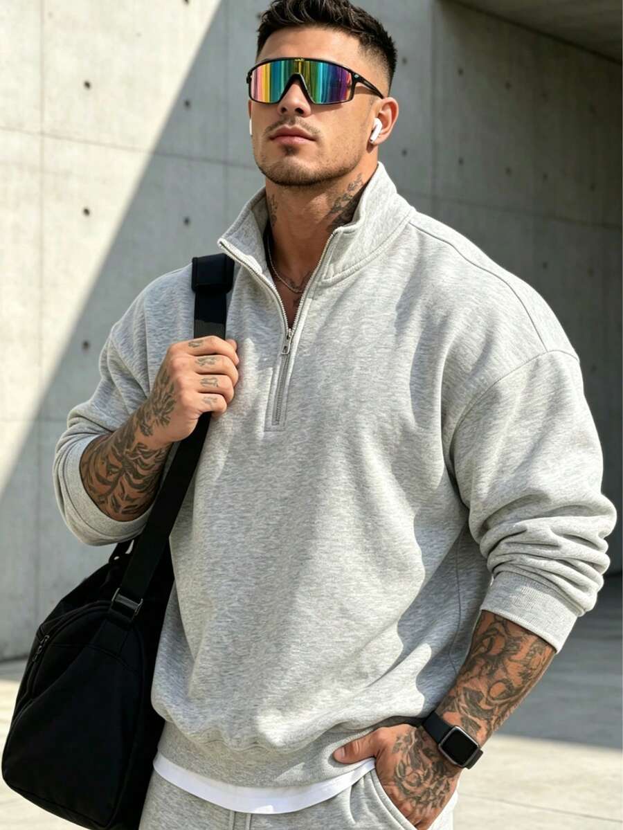 Men's Stand Collar Half-Zip Casual Versatile Commute Long Sleeve Sweatshirt, Autumn/Winter, Back To School Season - Light Grey - View 1