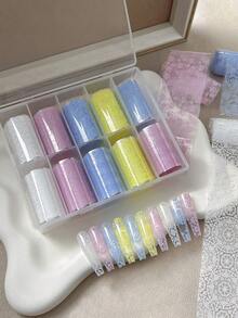 Kertas Transfer Seni Kuku Macaron Lace Stiker Bunga Jala Berongga Prancis Cetakan Dekorasi Kuku 10-Grid - MultiWarna - View 5