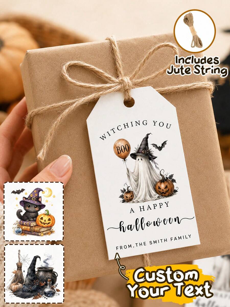 Custom Halloween Gift Tag, Spooky Personalized Greeting Card For Party Favor Bags And Gift Wrapping, Customized Witch Ghost Message Tag, Customizable Text Holiday Favor Label For Family, Friends, Trick Or Treat, Fall Party Gifts - Style a - View 1