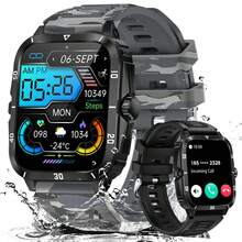 EIGIIS Smartwatch para hombres de 1,96 pulgadas, resistente al agua 3ATM, duradero, smartwatch deportivo con batería de 430mAh, monitoreo del sueño, función de llamada al aire libre, compatible con iOS y Android - Carcasa negra de plástico negro + gris camuflaje - Ver 11