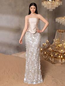 ALISA&LEO Sparkling Strapless Sequin Decorated Fitted Maxi Dress, Suitable For Teenagers, Cinched Waist And Back Design, Perfect For Grand Evening Events, Award Ceremonies, Banquets, Birthday Parties - Champagne - View 4
