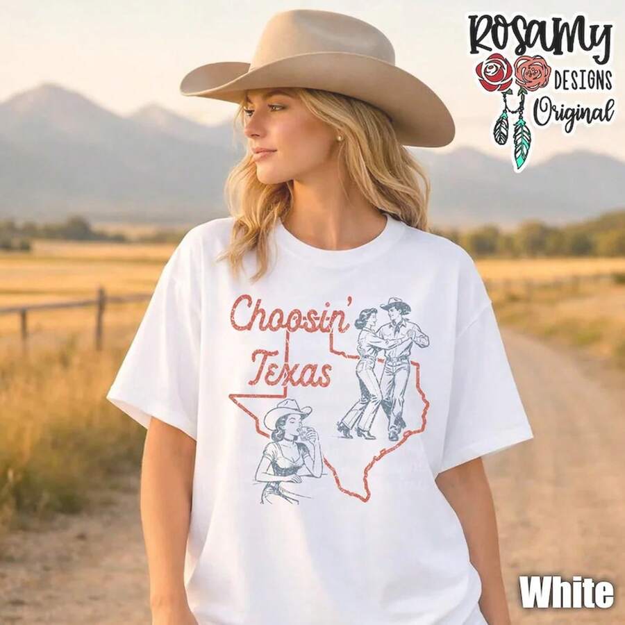 Camiseta Choosin' Texas, , Oversized, Estilo Western, Retro, Música Country, Estilo Rocker Cowgirl, Moderna - Blanco - Ver 1